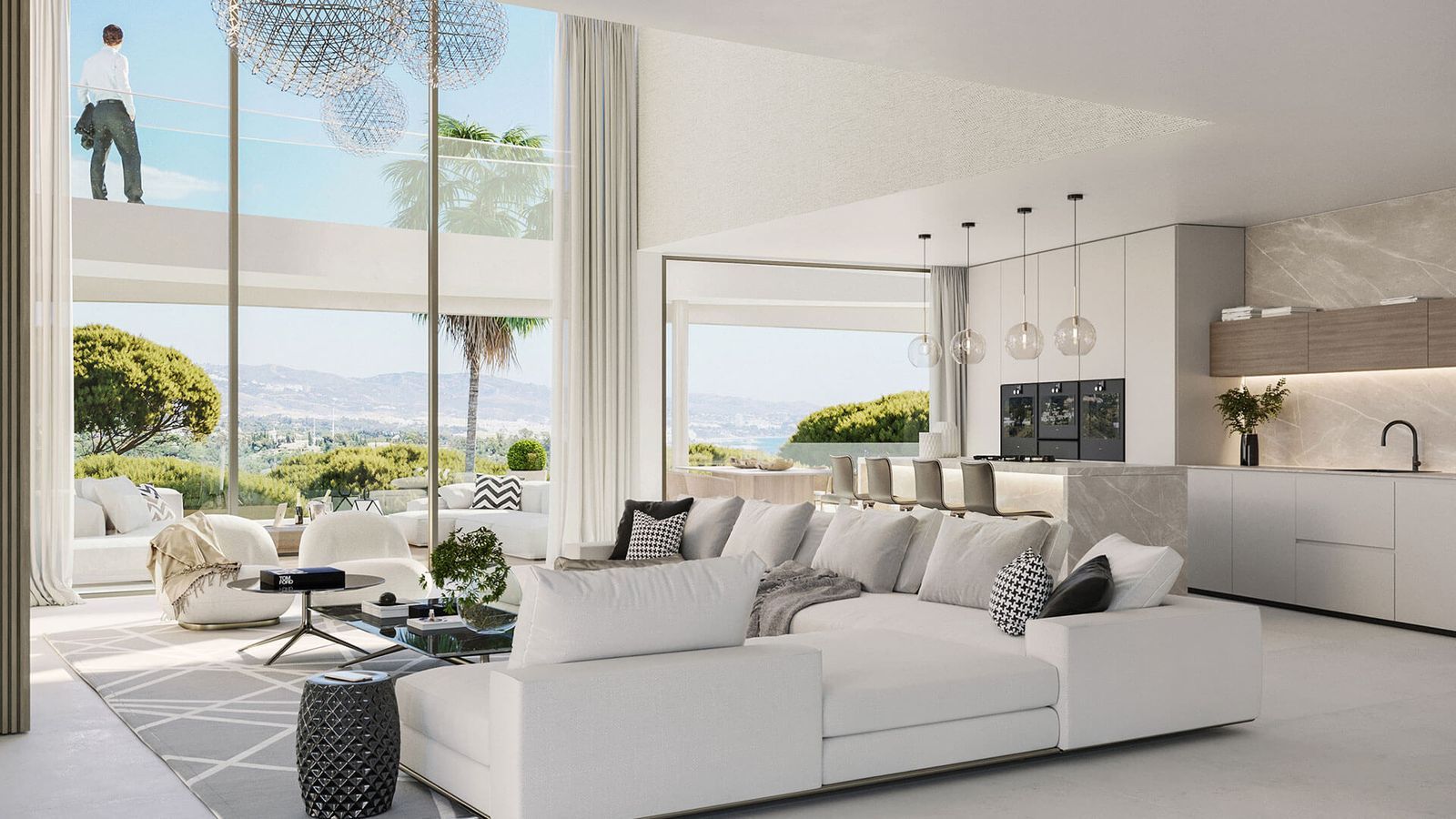 Intérieur luxueux de Sky Marbella Villas avec vue sur mer et cuisine moderne.